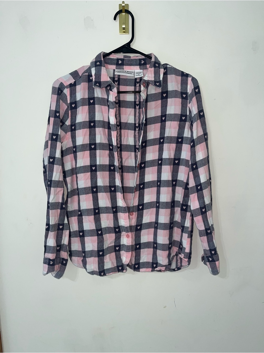 Cotton Plaid Pink and Navy Heart Flannel Button Down Shirt Size Small